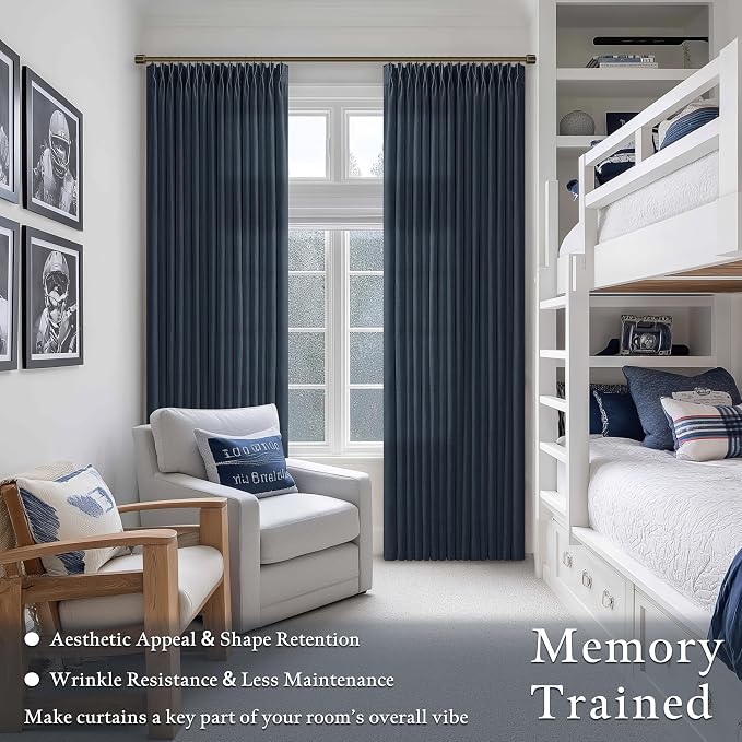 Navy Blue Linen Curtains 105 Inches Long for Living Room Pinch Pleated Drape with Hooks Rings for Track System Light Filtering Indigo 105 Inch Curtain for Bedroom Sliding Patio Door 2 Panels 50x105