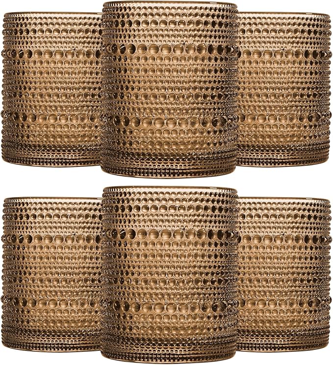 JOVGANK Brown Vintage Hobnail Drinking Glasses Set of 6, Embossed Water Tumbler 12oz, Kitchen & Bar Beaded Glass Cups, Beverage Glass Cups for Water, Beer, Juice, Housewarming and Mother's Day Gift