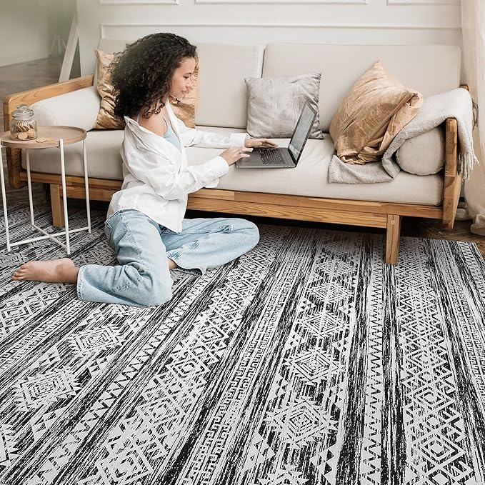 Tortania Area Rug Living Room Rugs - 10x14 Washable Large Soft Neutral Boho Moroccan Bohemian Farmhouse Rug Indoor Floor Carpet for Bedroom Under Dining Table Home Office Decor - Black White