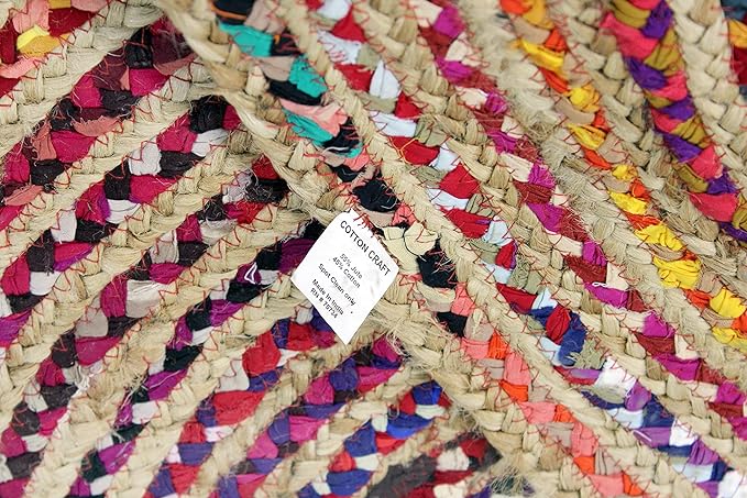 COTTON CRAFT Jute Chindi Braid Rag Rug - Boho Farmhouse Rustic Area Accent Throw Rug - Handwoven Reversible Natural Recycled Cotton - Living Room Den Study Home Décor Gift - 6 Feet Round - Multi Color