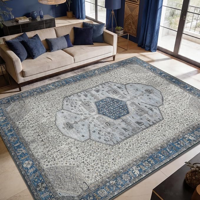 Keen Home Design 9x12 Rug - Machine Washable Area Rug with Non-Slip Backing, Ideal for Living Room, Dining Room, Bedroom - Vintage, Easy Clean, Durable, Low Pile Rug - (9' x 12')