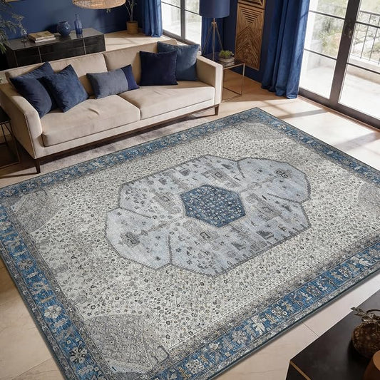 Keen Home Design 9x12 Rug - Machine Washable Area Rug with Non-Slip Backing, Ideal for Living Room, Dining Room, Bedroom - Vintage, Easy Clean, Durable, Low Pile Rug - (9' x 12')