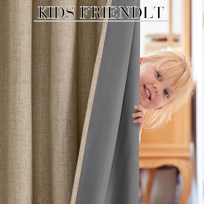 RYB HOME Burlap 100% Blackout Short Curtains 52 Width 45 inch Length, Light Blocking & Thermal Insulated Curtains for Kitchen/Small Window/Bathroom/Basement, 2 Panels
