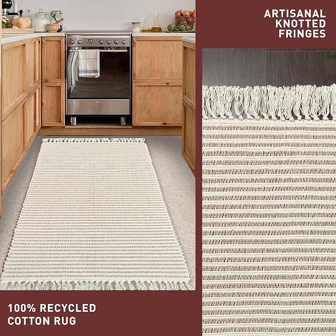 Chardin home Rust & Ivory Providence Throw Rug 2x6 feet |Hand Woven Farmhouse Rug | Great in Kitchens entryways doormats Bathrooms Meditation Mat | Machine Washable & Reversible