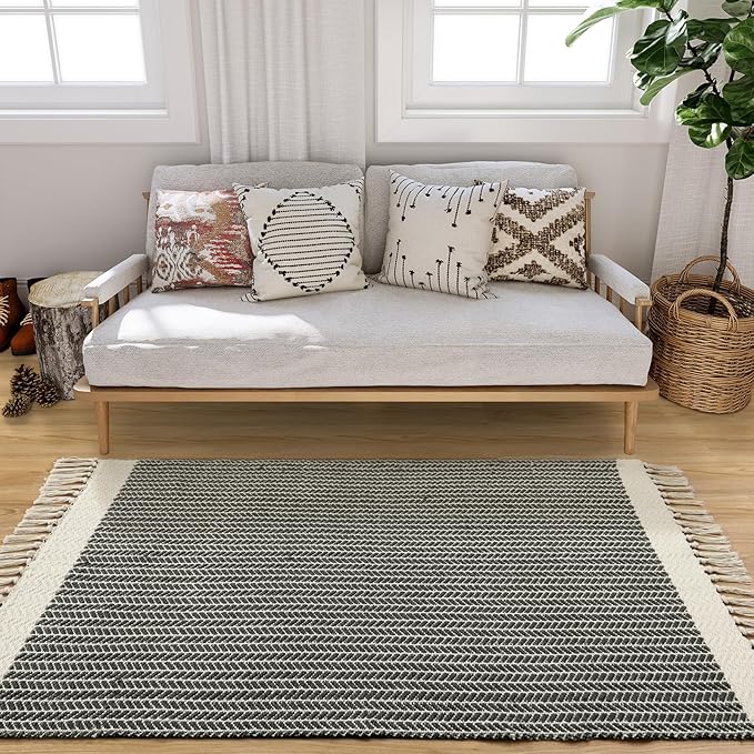 Lahome Belle Boho Living Room 3x5 Washable Rugs for Entryway Lightweight Woven Grey Mat with Tassels, Farmhouse Bathroom Rug Non Shedding Area Carpet for Bedroom Office Camper RV Decor