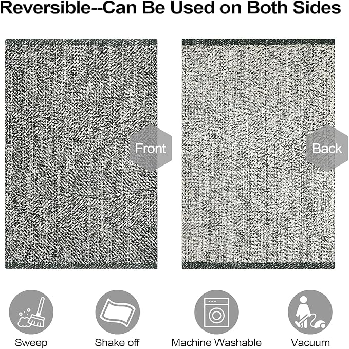 LEEVAN Washable Grey Entryway Rug 3x5, Cotton Woven Kitchen Living Room Rugs, Modern Indoor Door Mat, Farmhouse Laundry Room Rugs Reversible Throw Carpet for Nursery Playroom Entry Bathroom Bedroom