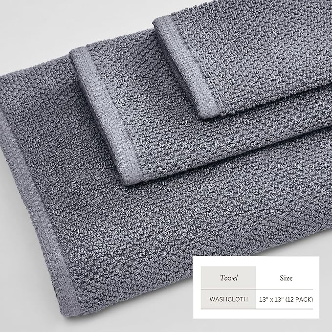 Great Bay Home 100% Cotton 12-Pack 13x13 Wash Cloth - Absorbent, Quick-Drying, Durable Face Towels for Bathroom Decor - Low-Twist, Two-Ply Fibers (Chambray Blue)