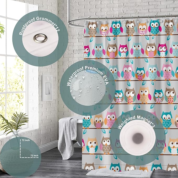 Plastic Shower Curtain Liner, Premium EVA 5G Owl Shower Curtain, Shower Curtains for Bathroom with 3 Magnetic Weights and Rustproof Grommets (Owl, 72x72 in)