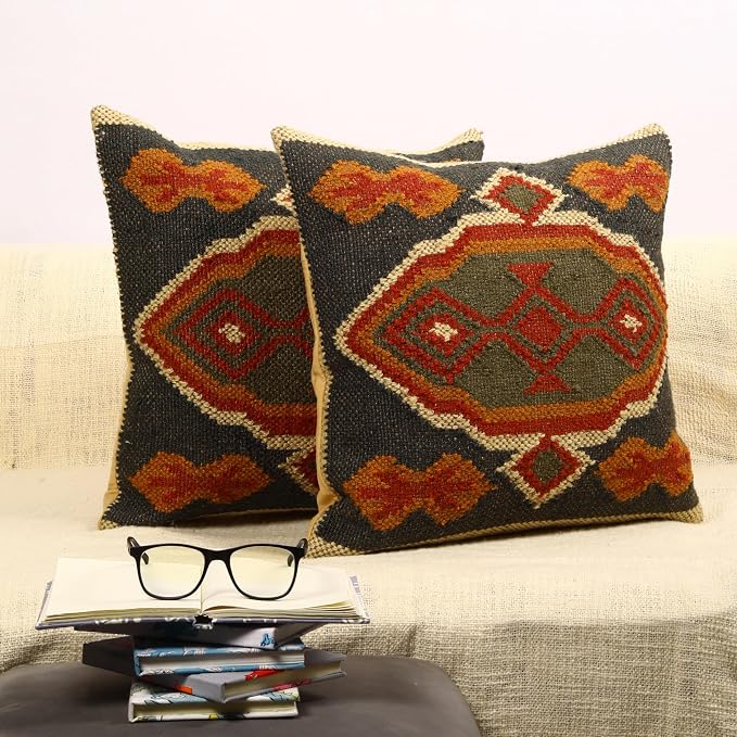 Trade Star 70% Jute 30% Wool Pillow Shams Handwoven Pillowcase Thich Rug Designer Cushion Cover Set of 2 Kilim Cushion Cover Throw Pillow Cover Decorative Vintage Pillow Case