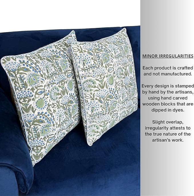 ATOSII Block Print Throw Pillow Covers, 20 X 20 - Set of 2, Decorative Couch Pillows for Living Room Bed Sofa, 100% Cotton Canvas Pillow Case for Home Decor & Outdoors, Preppy Throws - Clover Blue