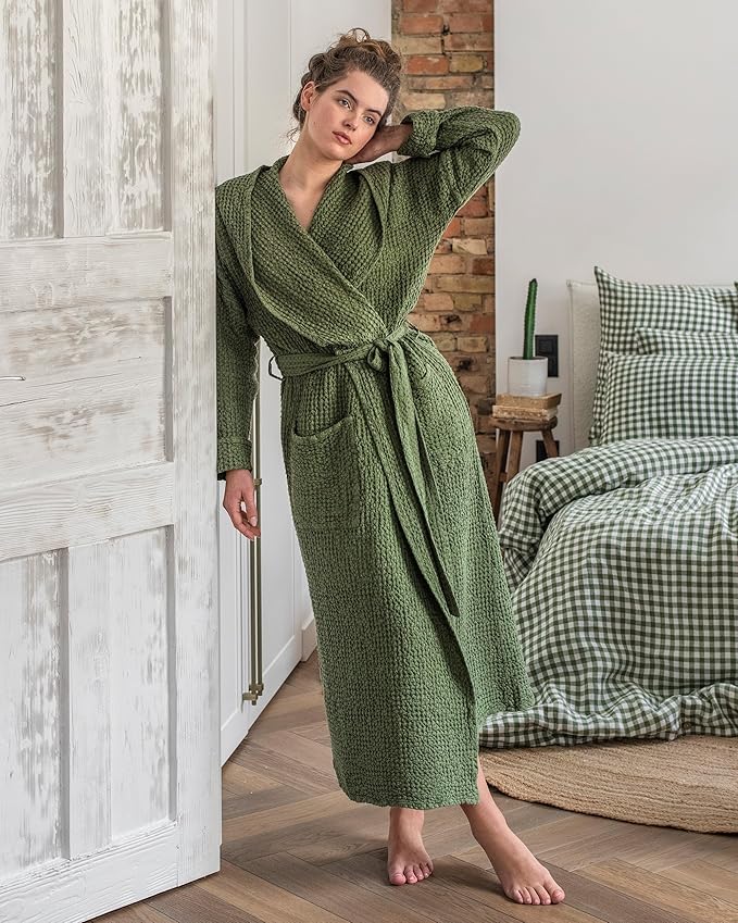 Magic Linen - Unisex Waffle Bathrobe, Hooded Linen-cotton Blend Bath Robe, Lightweight Robe for Women and Men