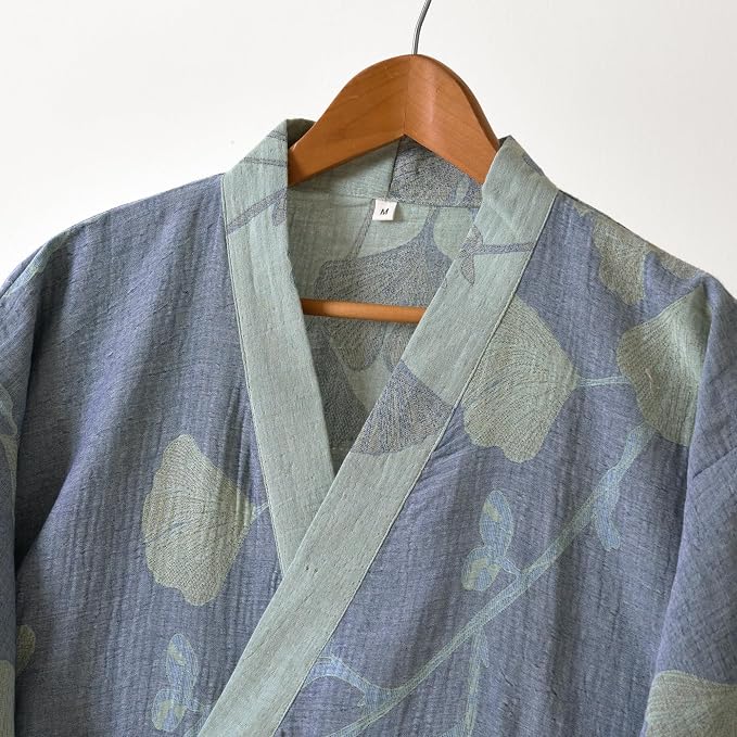 100% Cotton Gauze Ginkgo Leaf Kimono Robe, Long Knit Loose Bathrobe Nightgown Ladies Loungewear Sleepwear for Women