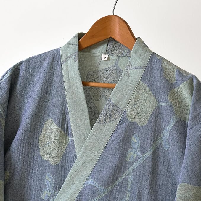 100% Cotton Gauze Ginkgo Leaf Kimono Robe, Long Knit Loose Bathrobe Nightgown Ladies Loungewear Sleepwear for Women