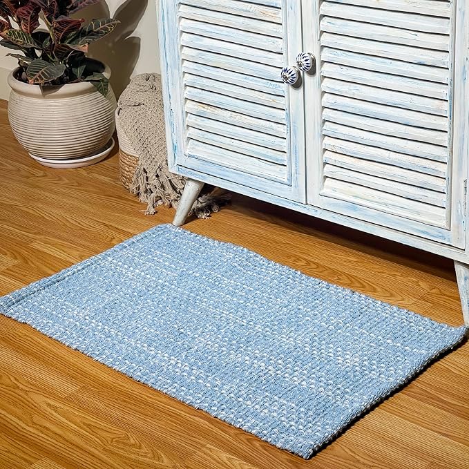 Chardin home Blue & White Cotton Throw Rug, 21x34 Inches Area Rug for Bathroom Kitchen entryway, Reversible Handwoven Rug Machine Washable.