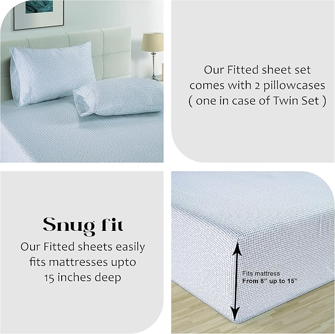 LANE LINEN 100% Organic Cotton Cool Twin Fitted Sheet, 2-Piece Set (1 Fitted Sheet, 1 Pillowcase), Percale Weave, Ultra Soft, Breathable, Fits Mattress Upto 15" Deep - Polka Dot Blue (No Flat Sheet)