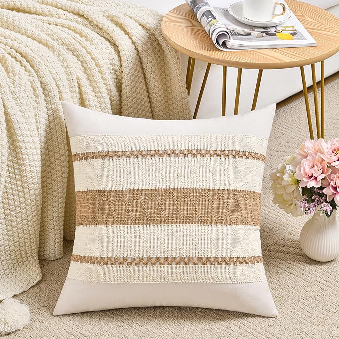 Fancy Homi Set of 1 Boho Neutral Decorative Throw Pillow Cover 18x18 Inch for Couch Bed Sofa, Aesthetic Modern Organic Farmhouse Home Decor, Soft Cotton Cute Accent Macrame Woven Tan Cushion Case