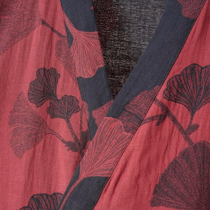 100% Cotton Gauze Ginkgo Leaf Kimono Robe, Long Knit Loose Bathrobe Nightgown Ladies Loungewear Sleepwear for Women