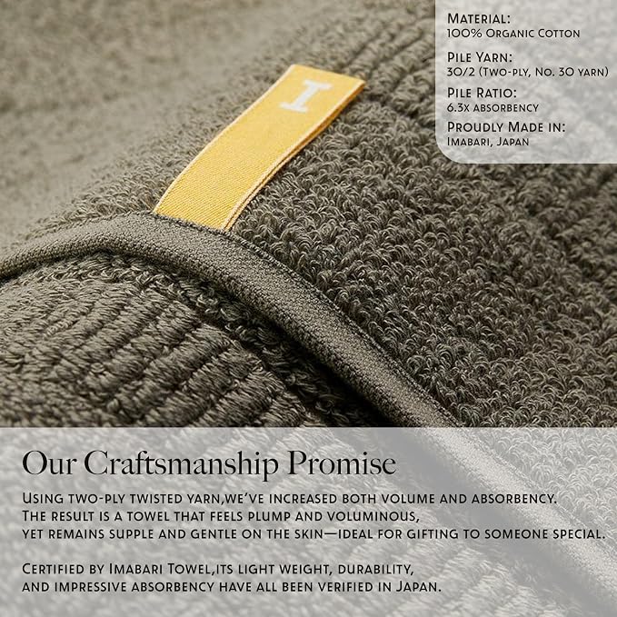 Highly Absorbent & Quick-Dry Organic Cotton Bath Towels, Soft & Lightweight, Made in Japan, Oeko-Tex Class 1 Certified, 28 x 53 inch, OliveGreen, Pack of 2 – Proof of Purity