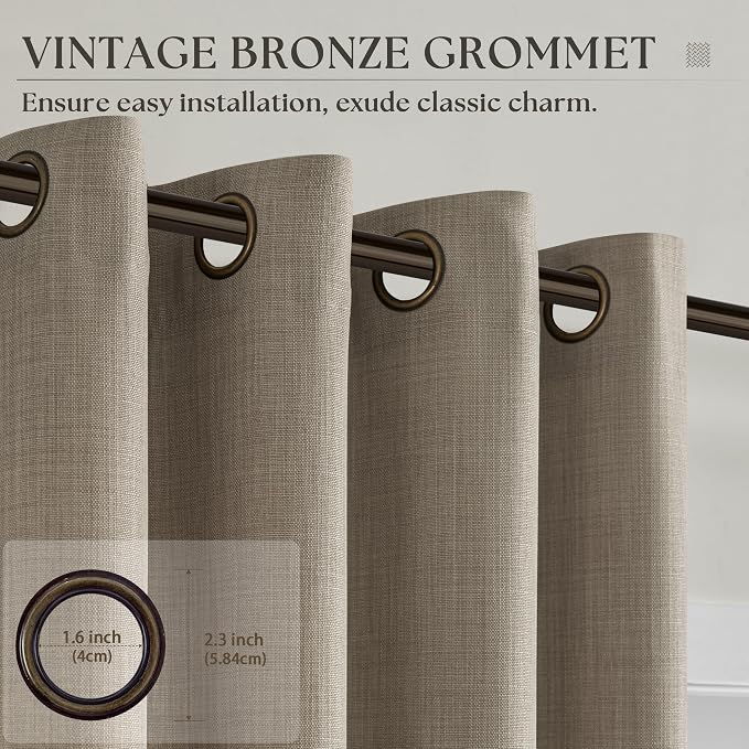Neutral Flax Linen Curtains 63 Inch Length Bronze Grommet Tan Brown Semi Sheer Light Filtering Privacy Drapes Boho Farmhouse Rustic Bay Window 63 Inch Curtains 2 Panel Set for Bedroom Dining Room