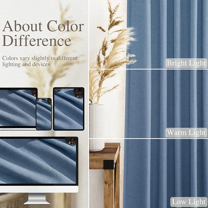 Stone Blue Linen Curtains 90 Inch Length for Bedroom Living Room Back Tab Rod Pocket Light Filtering Semi Sheer Modern Farmhouse Coastal Decor Curtain Cotton Textured Gauze Drapes for Office 52x90