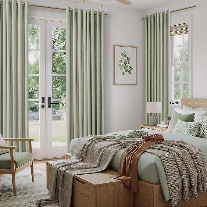 Sage Green Curtains 126 Inch Long Linen for High Ceiling Living Room Bedroom 2 Panels Drapes Grommet Semi Sheer Lighe Green Extra Long Curtains 126 Inch Length for 2 Story Windows
