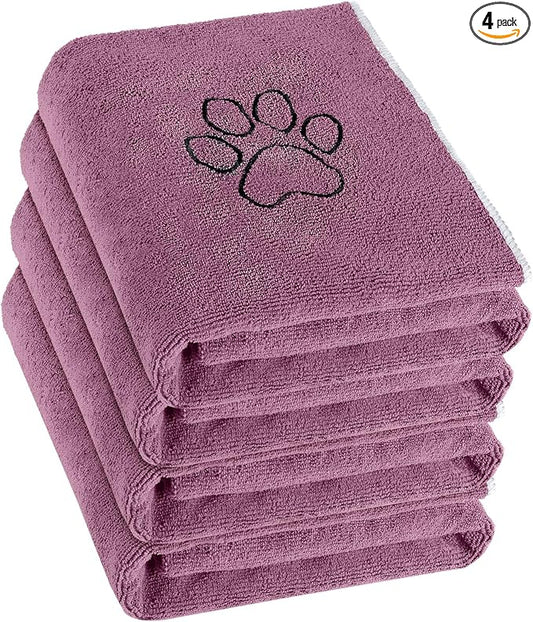 Chumia 4 Pack Dog Towels for Drying Large Microfiber Grooming Tools Absorbent Soft Bath Supplies with Embroidered Paw for Small Medium Pet Products(30 x 50 Inch,Purple)