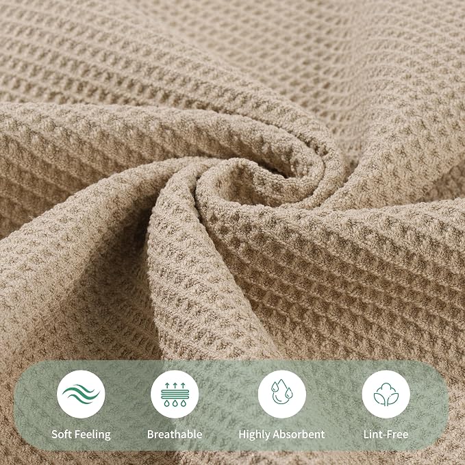 MICROFI Waffle Weave Bath Towel Set, Microfiber, 4 Pieces (Body/Hair/Hand/Face), Quick Dry, Lightweight, Super Absorbent, Lint Free, 380 GSM (Beige)