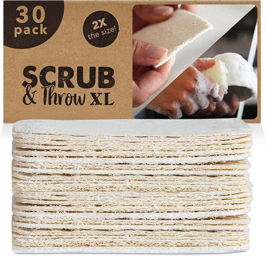 Scrub & Throw XL Loofah Scrub Sponge, Natural, Plastic-Free, Non-Scratch, for Kitchen, Dishes, Pots and Cleaning, Plant-Based, Plastic-Free, Eco-Friendly, Biodegradable, 30 Pack