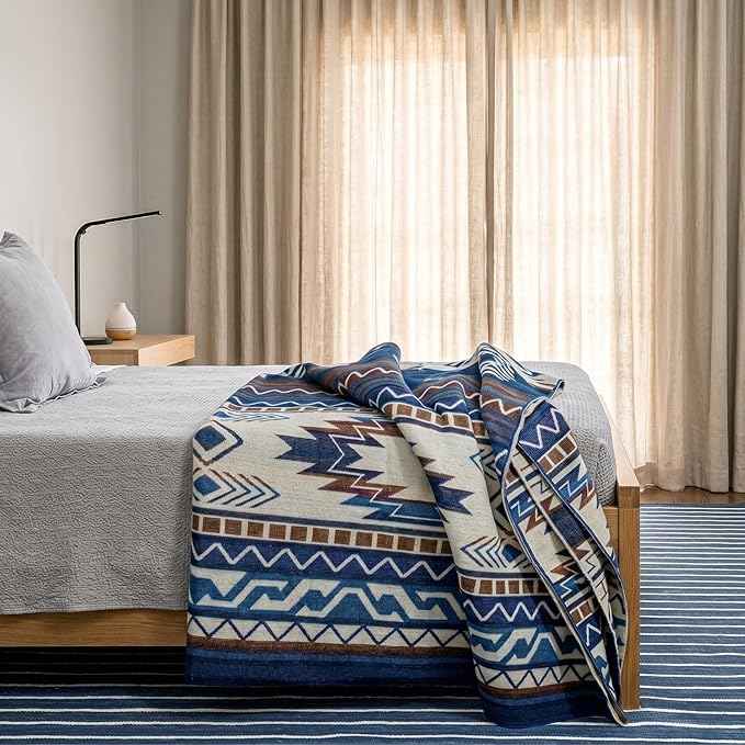 Alpaca Wool Throw Blanket, Native Design Wool Blanket, Throw Aztec Pattern Alpaca Wool Throw Blanket (Blue, Throw 78"x48")