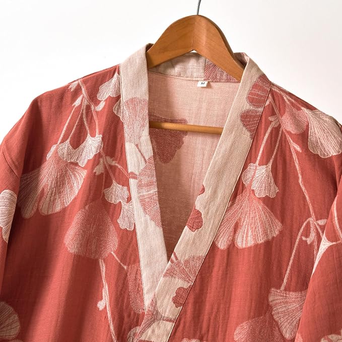 100% Cotton Gauze Ginkgo Leaf Kimono Robe, Long Knit Loose Bathrobe Nightgown Ladies Loungewear Sleepwear for Women