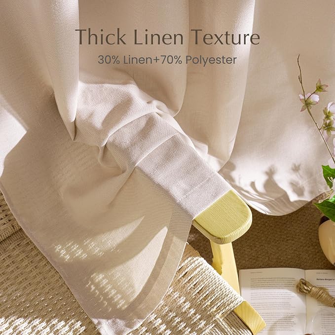 NICETOWN Thick Linen Semi Sheer Curtains for Living Room, Back Tab/Rod Pocket with Pleat Tape Privacy Added with Light Filtering Window Treatments for Bedroom, Angora, W52 x L84