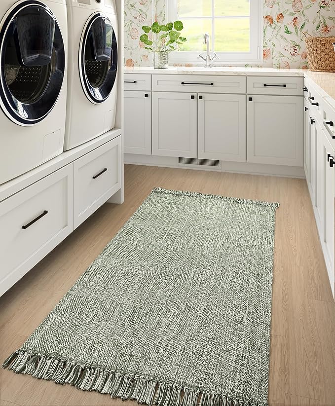 Collive Washable Area Rug 3' x 5', Modern Woven Kitchen Rugs, Olive Green/Cream Braided Cotton Rug Indoor Door Mat Throw Carpet for Entryway Living Room Nursery Mudroom Laundry Room
