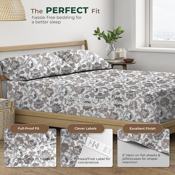 THREAD SPREAD 100% Organic Cotton Sheets King Size - Organic Cotton Percale Weave Sheet Set (4 PC, Floral Ivory), Soft, Cooling, Crisp & Breathable, 16" Deep Pocket Hotel Quality Bedding Set