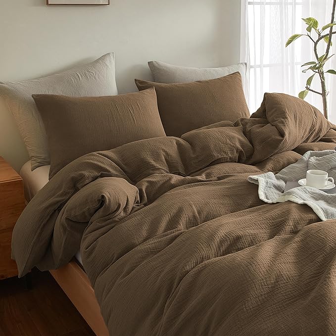SE SOFTEXLY Muslin Duvet Cover Queen Size, 100% Washed Cotton Duvet Cover Set, Ultra Soft Comforter Cover Linen Like, 3 Pieces Minimalist Gauze Duvet Cover with 2 Pillowcases, 80"x90", Dark Brown