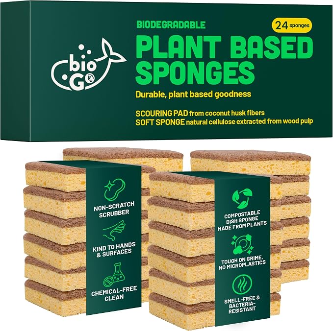 bioGo Biodegradable Kitchen Sponges – Natural Cellulose, Eco-Friendly, Compostable Cleaning Sponges – 24 Pack