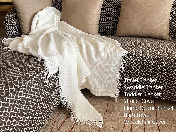 KyraHome 100% Cotton Throw Blanket 60"x80" Large Muslin Blankets for Adults, Couch, Picnic, Travel, Plant Dyed Pre-Washed Breathable Lightweight Soft Summer Blanket, All Season, White