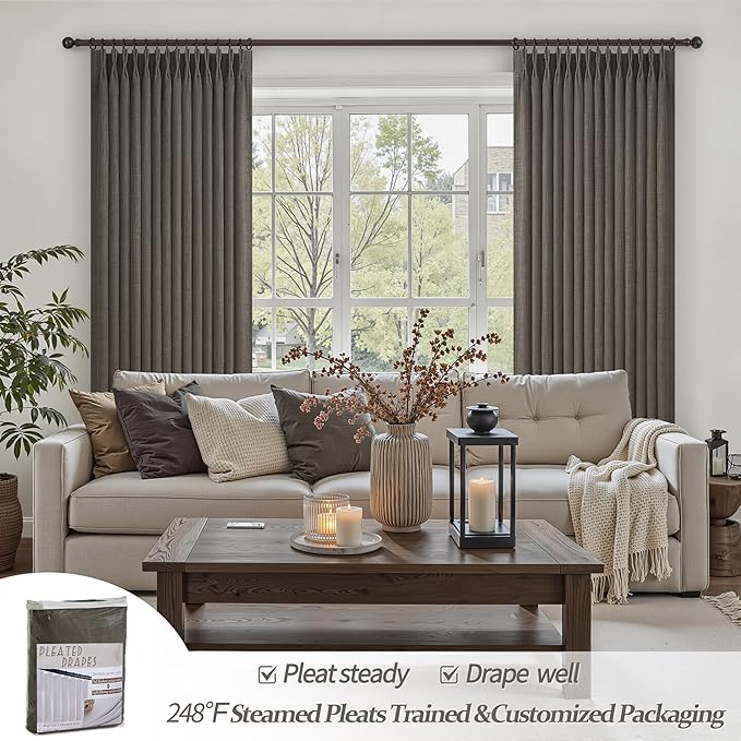 100% Blackout 96 Inch Linen Double Layer Curtains 2 Panels Set for Sliding Glass Doors, Memory Trained Pinch Pleated Chocolate Tart Insulated Sound Dampening Modern Windows Drapes 40x96 Inches Length