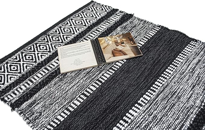 Chardin home Farmhouse Rug 24''x36'' Black-White | Recycled Cotton Hand Woven Rug, Long Boho Rug | Perfect for Hallways, Kitchens, Bathroom, bedrooms, Meditation Yoga Mat | Machine Wash