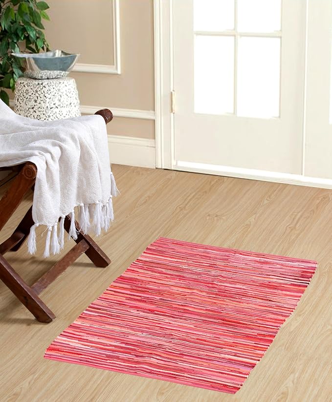 Handmade Cotton Chindi Rug Rectangular Area Rag Washable Recycled Rugs for Home Décor, Living Room and Bedroom (Pink, 2X3 Feet)
