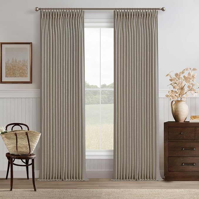 Pinch Pleated Linen Curtains 98 Inches Long 2 Panels for Living Room Bedroom Tan Brown Burlywood Taupe Drapes Back Tab Country Farmhouse Burlap Foor to Ceiling Curtains with Hooks Rings W50xL98