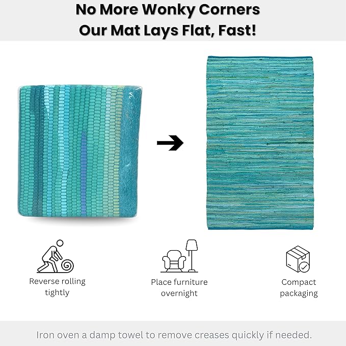 Ramanta Home 100% Cotton Hand Woven Tonal Chindi Rag Rug 3'x5' - Teal, Recycled Reversible Rugs, Boho Rustic Farmhouse Rugs for Living Room, Dinning Room, Kitchen Floor Mats - 36"x60"