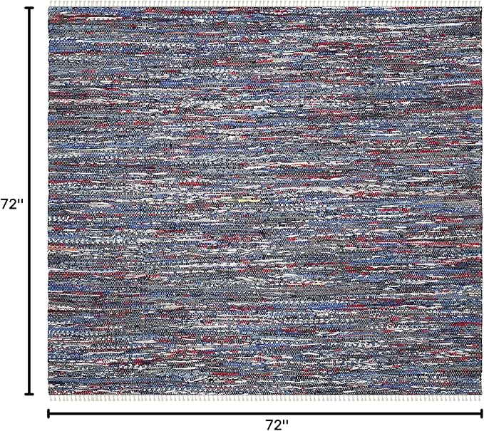 SAFAVIEH Rag Rug Collection Area Rug - 6' Square, Blue & Multi, Handmade Boho Stripe Cotton, Ideal for High Traffic Areas in Living Room, Bedroom (RAR128B)