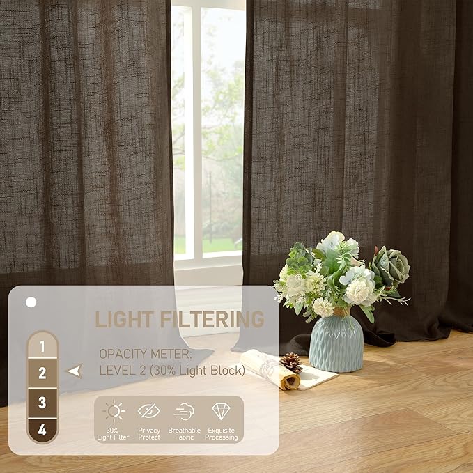 LAMIT Linen Curtains 68 Inch Length 2 Panels, Light Filtering Panels Back Tab and Rod Pocket Neutral Drapes for Bedroom/Window/Living Room, Dark Brown, 52 x 68 Inch