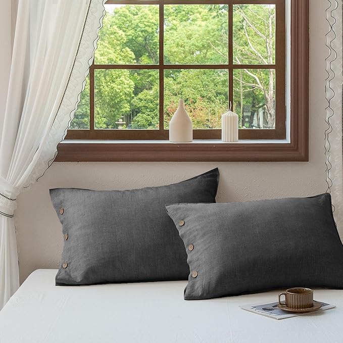 EVERLY 100% Linen Pillowcases Set of 2,French Linen from Normandy, 20X26Inch Standard Size, Natural Color, Coconut Buttons Closure, Flax Pillowshams-Pillowcase-Dark Grey