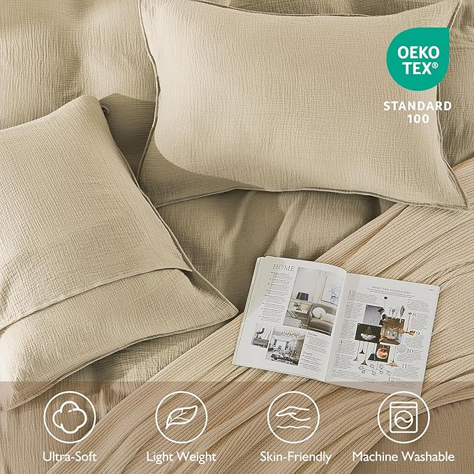 EMME Muslin Cotton Duvet Cover Set Queen Size Linen Like Soft Breathable Lightweight Summer Comforter Cover Set with Zipper Closure (Queen, 90"x90")