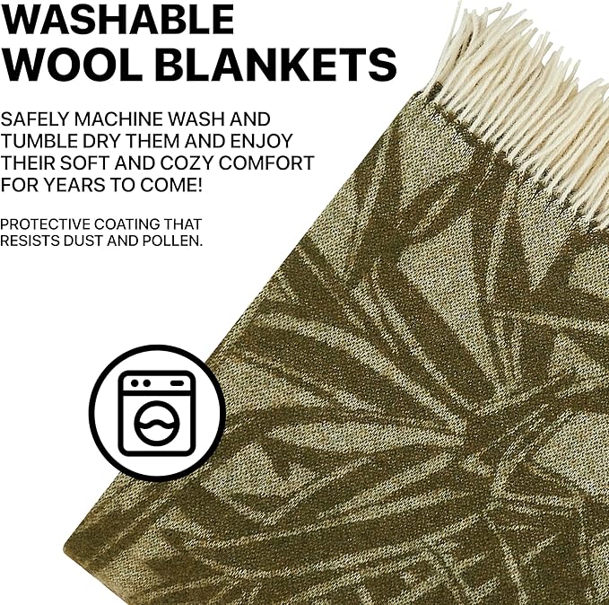 | Wool Blanket/Throw | 100% New Zealand Wool | Perfect for Home and Outdoors | Virgin Wool Blanket with Fringes 55"x79" (140 x 200 cm) (Olive Leaves)