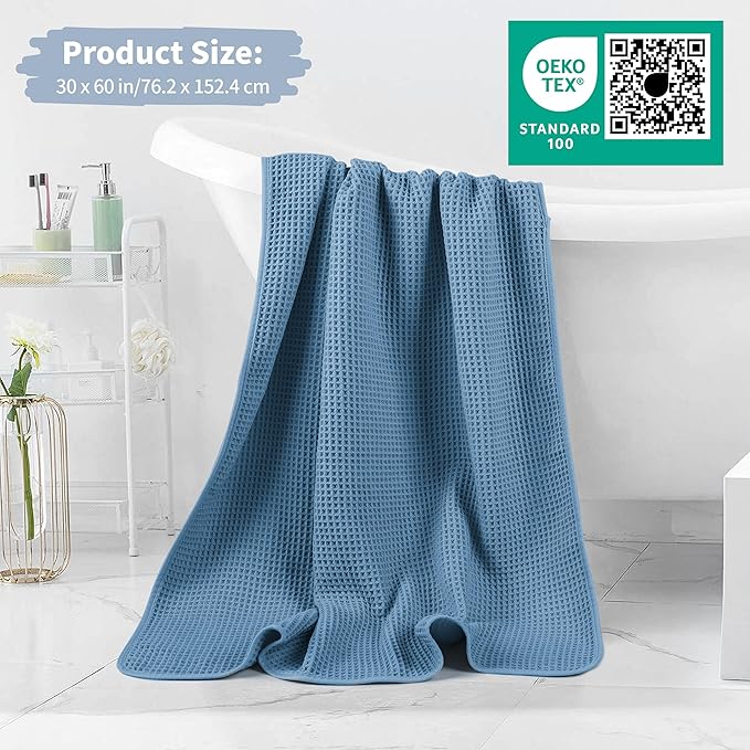 MICROFI New Microfiber Waffle Bath Towels, 2 Pieces, Soft, Absorbent, Fast Drying, Lint Free 430 GSM (Beige+Blue)
