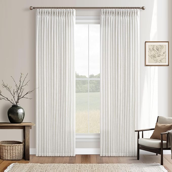 Beige White Pinch Pleated Linen 98 Inch Curtains 2 Panels Set for Living Room Bedroom Boho Farmhouse Memory Training Semi Sheer Light Filtering Window Drapes with Hooks & Rings for Dining Room 50x98