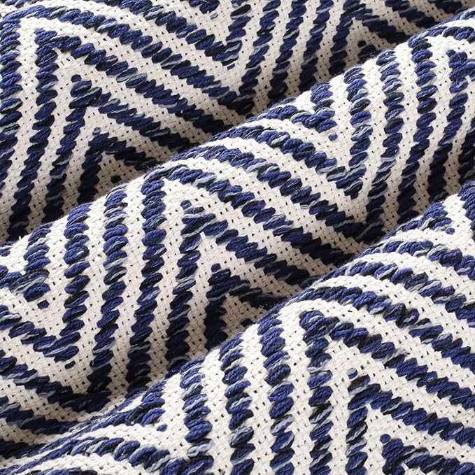 Cotton Chevron Hand Woven Area Runner Rug 2x6 Feet - Navy Blue, Farmhouse Decorative Floor Runners Ideal for Hallways, Kitchen, Bedroom | Nursery Durable Geometric Reversible Living Space Patio Mats