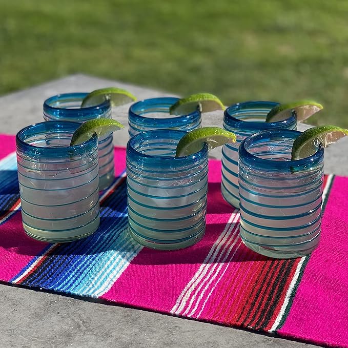 Dos Sueños Hand Blown Mexican Drinking Glasses – Set of 6 Tumbler Glasses with an Aqua Spiral Design (10 oz each)